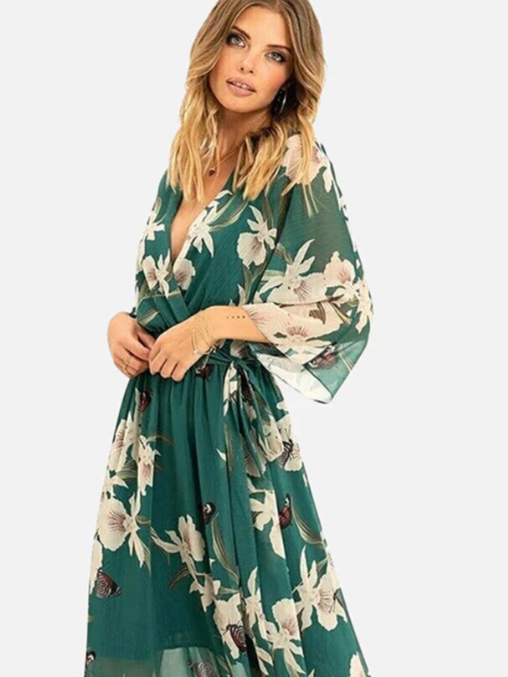 NWT Yumi Green Floral Kimono Sleeves Dip Hem Wrap Midi Dress – SZ UK 16 / US 12